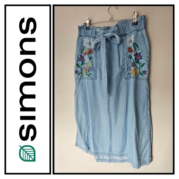 twik Dresses & Skirts - Midi  jeans skirt with flowers embroidery by Twik size small.